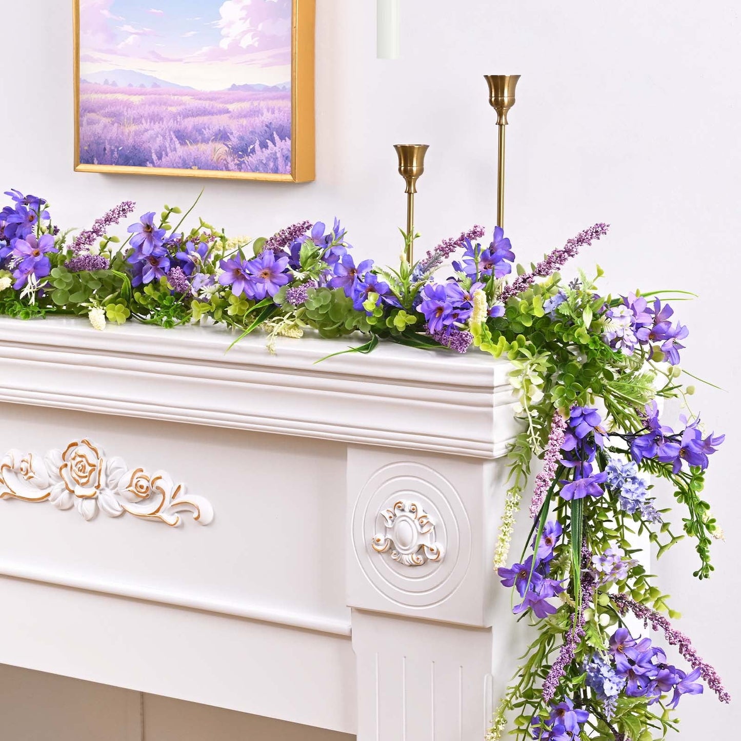 Waipfaru 2 Pack Spring Garland with Flowers, 6ft Artificial Lavender Vines for Mantle, Purple Wildflower Garland for Wedding Party Table Centerpiece Decor