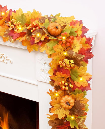 Waipfaru Lighted Fall Garland for Mantle, 6ft Battery Operated Thanksgiving Garland with Timer, Pumpkins,Berries,Autumn Decorations for Fireplace Home