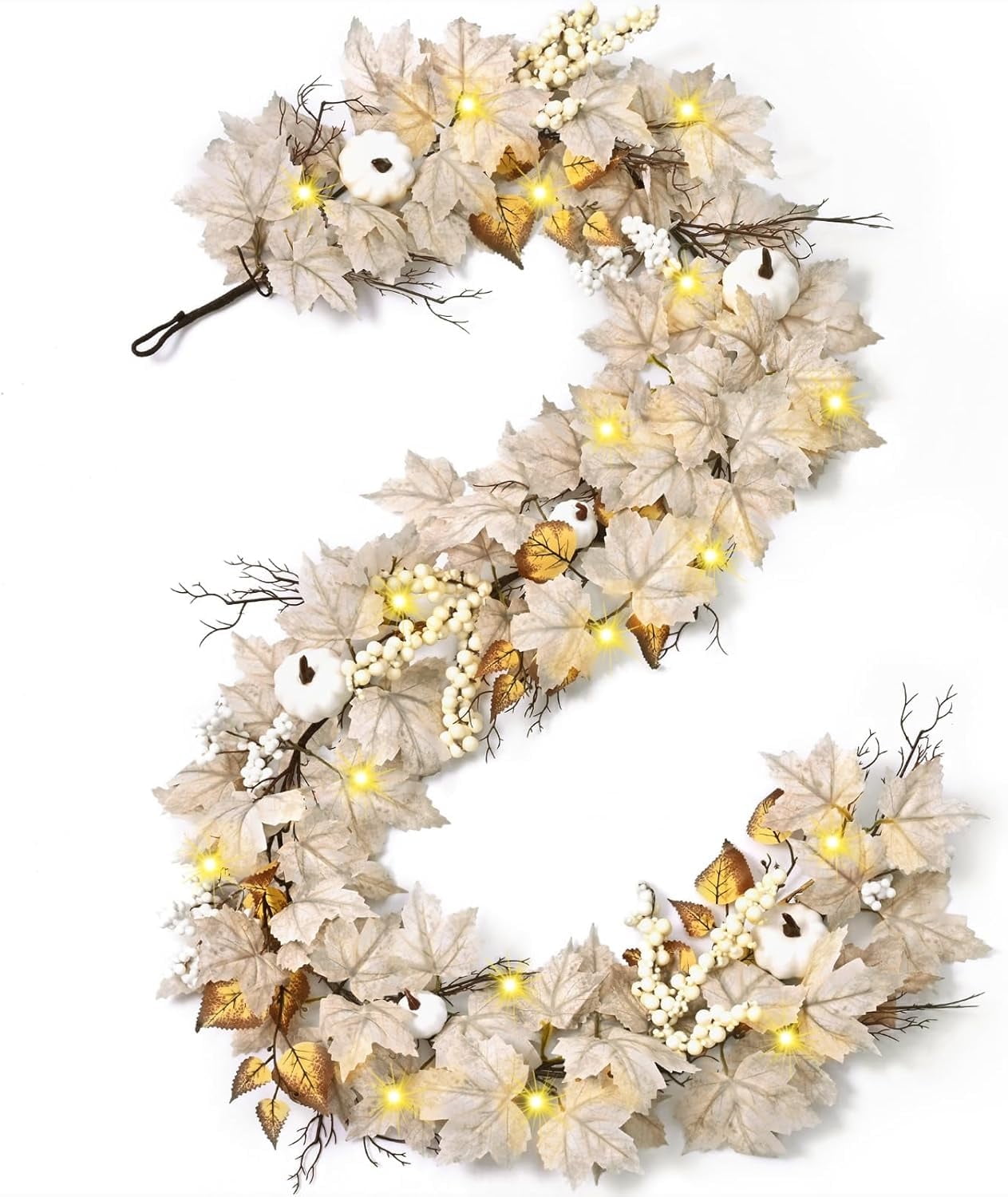Waipfaru Fall Garland with Lights,5.8ft Maple Leaf Garland with White Pumpkins, Berries&LED Lights,Battery Operated Thanksgiving Garland for Mantel, Fireplace, Tabletop