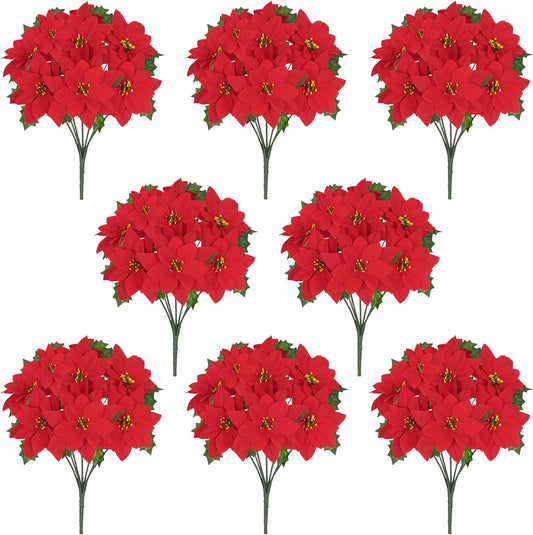 Waipfaru 8pcs Artificial Poinsettia Bushes,14 inch Faux Red Velvet Poinsettia Flowers for Indoor Outdoor Christmas Tree Home Porch Decorations