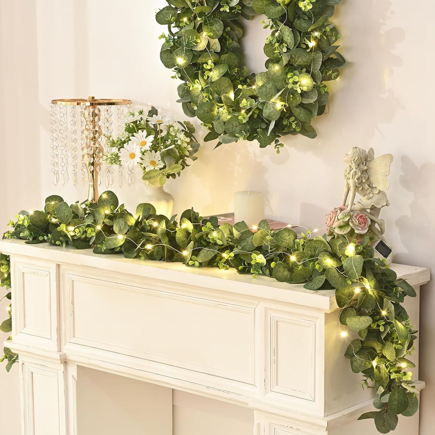 Waipfaru 8Pack Eucalyptus Garland with Flowers& Lights,5.9FT Greenery Garland Decor,Artificial Eucalyptus Leaves Vines for Table Home Wedding Mantle Party Decoration