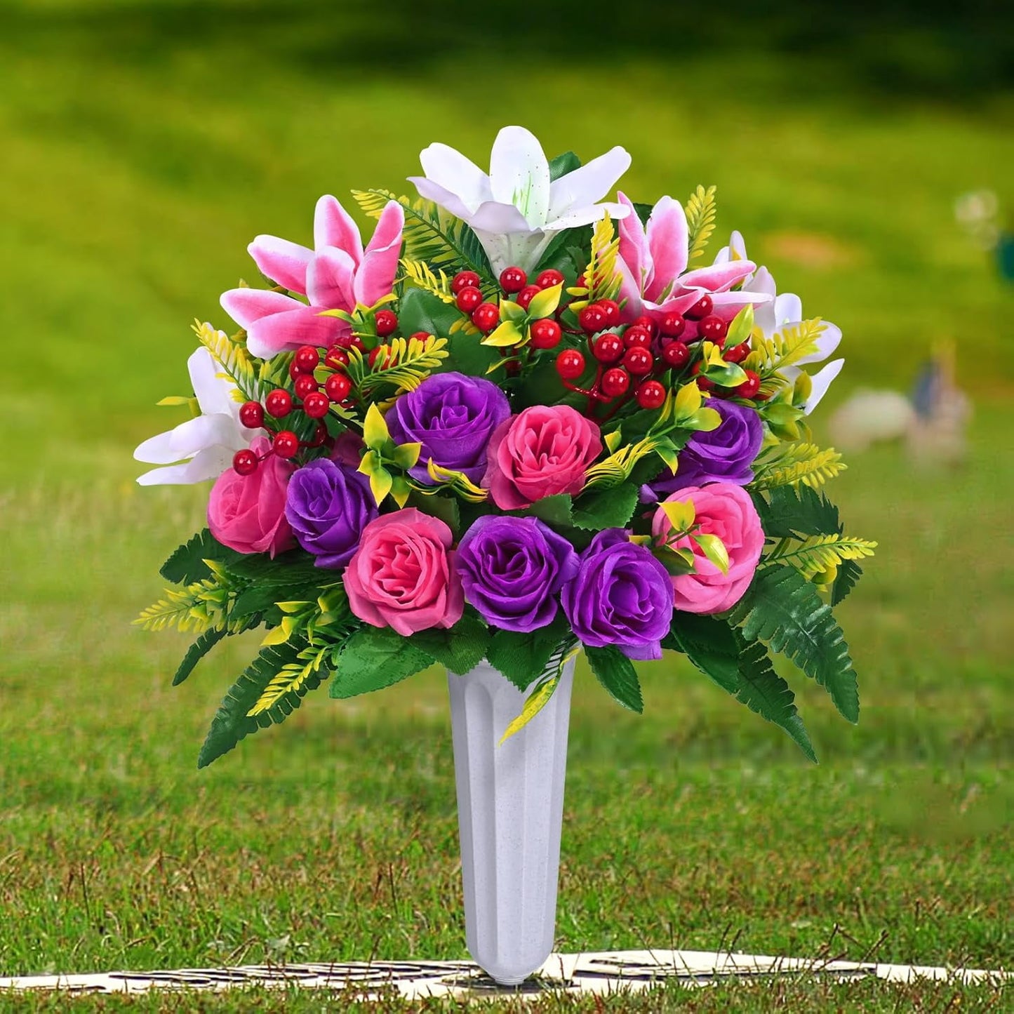 Waipfaru Artificial Cemetery Flowers with Vase,2 Pack Artificial Rose Lily Grave Bouquet,Silk Memorial Flowers for Cemetery Headstones Decoration