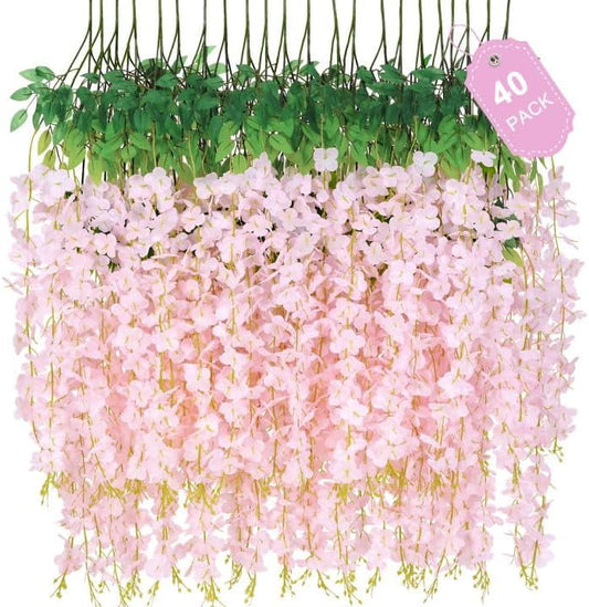 Waipfaru Wisteria Hanging Flowers,40 Pack Fake Wisteria Vine,3.6ft/Pcs Hanging Flower Garland,Silk Wisteria Flowers for Wedding Party Home Decor (Light Pink)