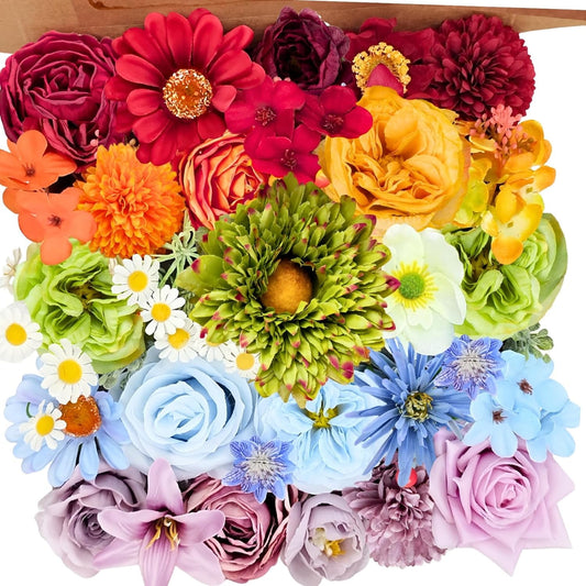 Waipfaru Artificial Flowers Combo Box,36PCS Fake Silk Rainbow Colorful Flowers Bulks Spring Flowers Floral Arrangements for DIY Wedding Bridal Bouquets Party Home Decoration