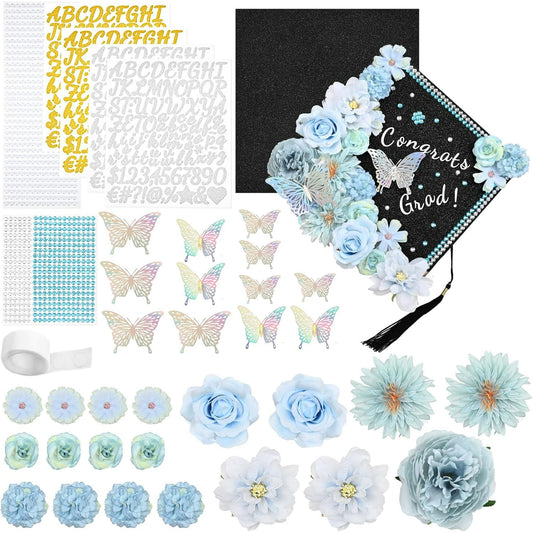 Waipfaru Blue Graduation Cap Decorations,DIY Grad Cap Kit Included Artificial Flower Heads 3D Butterfly Decoration Rhinestones Letter Stickers Glitter Paper for 2025 Graduation Cap Topper