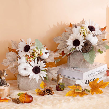 Waipfaru Fall Decorations for Desktop,2Pcs Artificial Fall Flowers with Burlap Base, Fall Leaves Sunflower Decor Thanksgiving Decorations, Fall Centerpieces for Tables