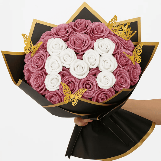 Waipfaru Glitter Roses Bouquet for Mother's Day,56pcs Artificial Roses Flowers,DIY Glitter Everlasting Rose Bouquet with Stem for Mother's Day gifts ,Anniversary,Wedding(36 Crimson&20 White)