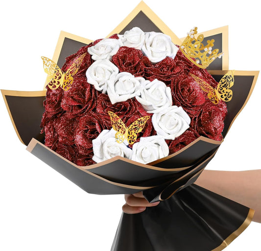 Waipfaru Glitter Roses Bouquet for Mother's Day,56pcs Artificial Roses Flowers,DIY Glitter Everlasting Rose Bouquet with Stem for Mother's Day gifts ,Anniversary,Wedding(36 Red&20 White)