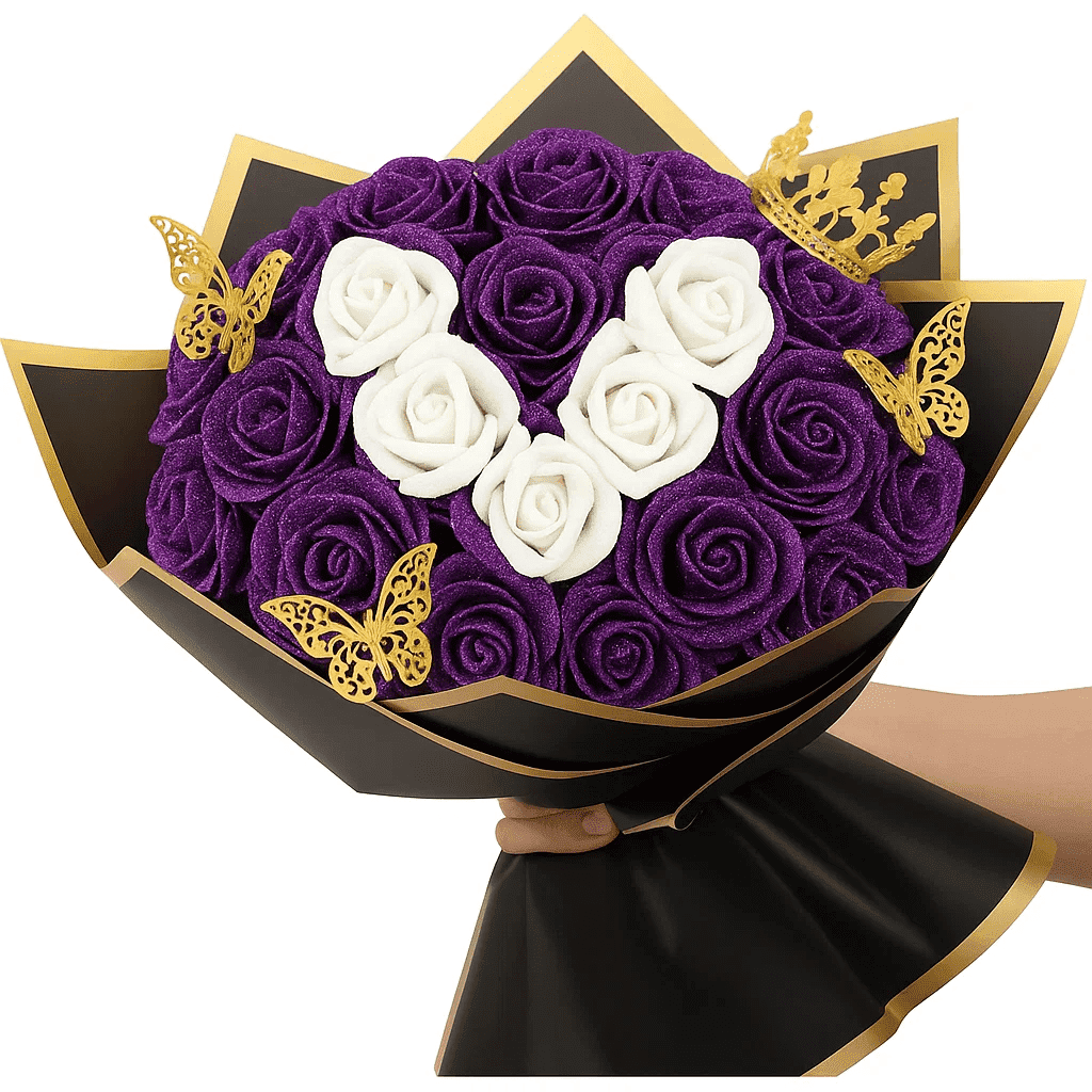 Waipfaru Glitter Roses Bouquet for Mother's Day,56pcs Artificial Roses Flowers,DIY Glitter Everlasting Rose Bouquet with Stem for Mother's Day gifts ,Anniversary,Wedding(36 Purple&20 White)