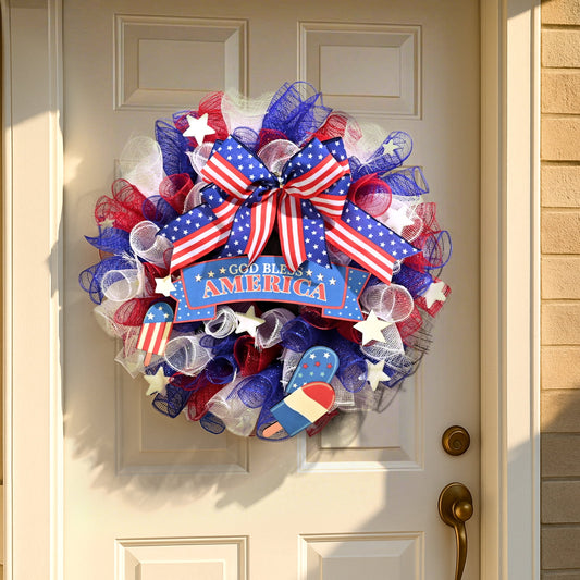 Waipfaru July 4th Wreath,20inch Artificial Mesh Wreath for Front Door,Weather-Resistant Patriotic Decorations for Memorial Day Independence Day Veterans Day