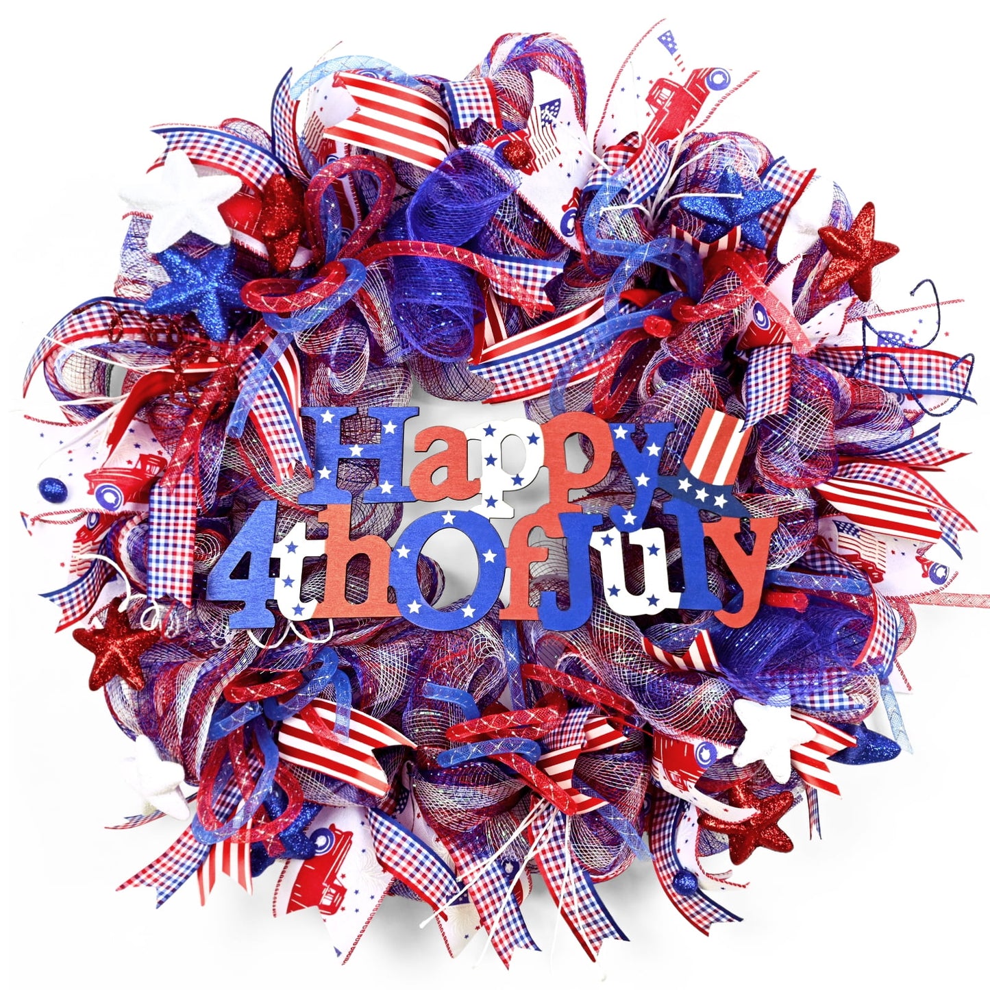 Waipfaru July 4th Wreath,20inch Artificial Mesh Wreath for Front Door,Weather-Resistant Patriotic Decorations for Memorial Day Independence Day Veterans Day