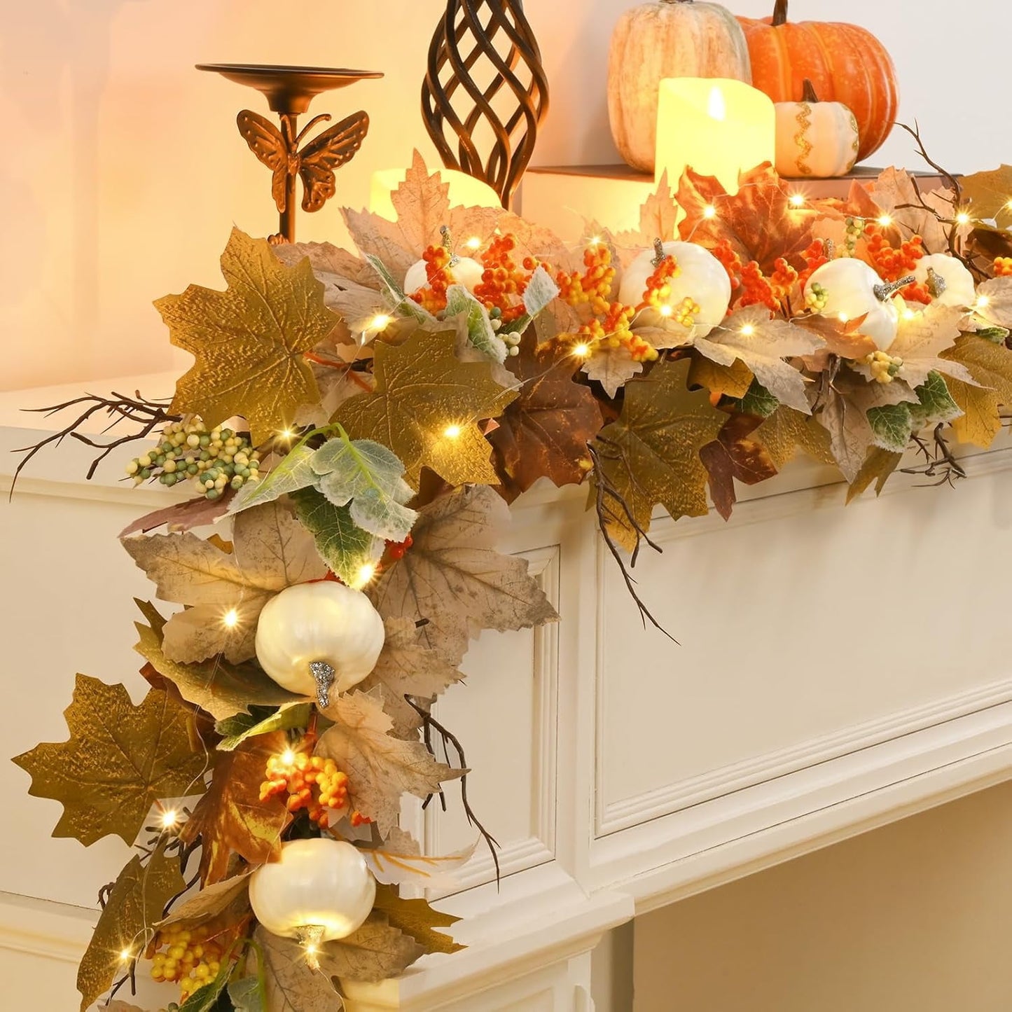 Waipfaru Lighted Fall Garland with Maple Leaves White Pumpkins Berry,6FT Artificial Autumn Fall Decor for Thanksgiving
