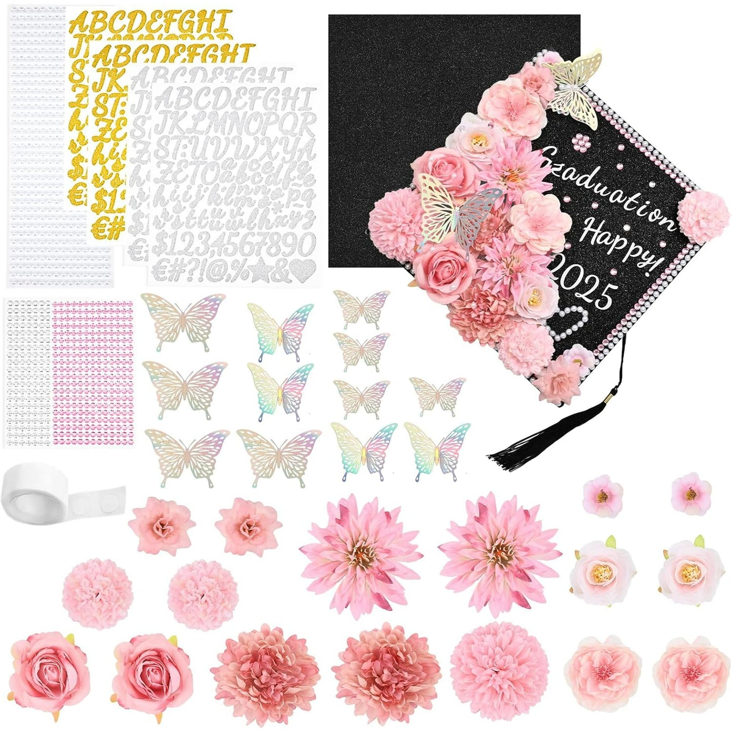 Waipfaru Blue Graduation Cap Decorations,DIY Grad Cap Kit Included Artificial Flower Heads 3D Butterfly Decoration Rhinestones Letter Stickers Glitter Paper for 2025 Graduation Cap Topper