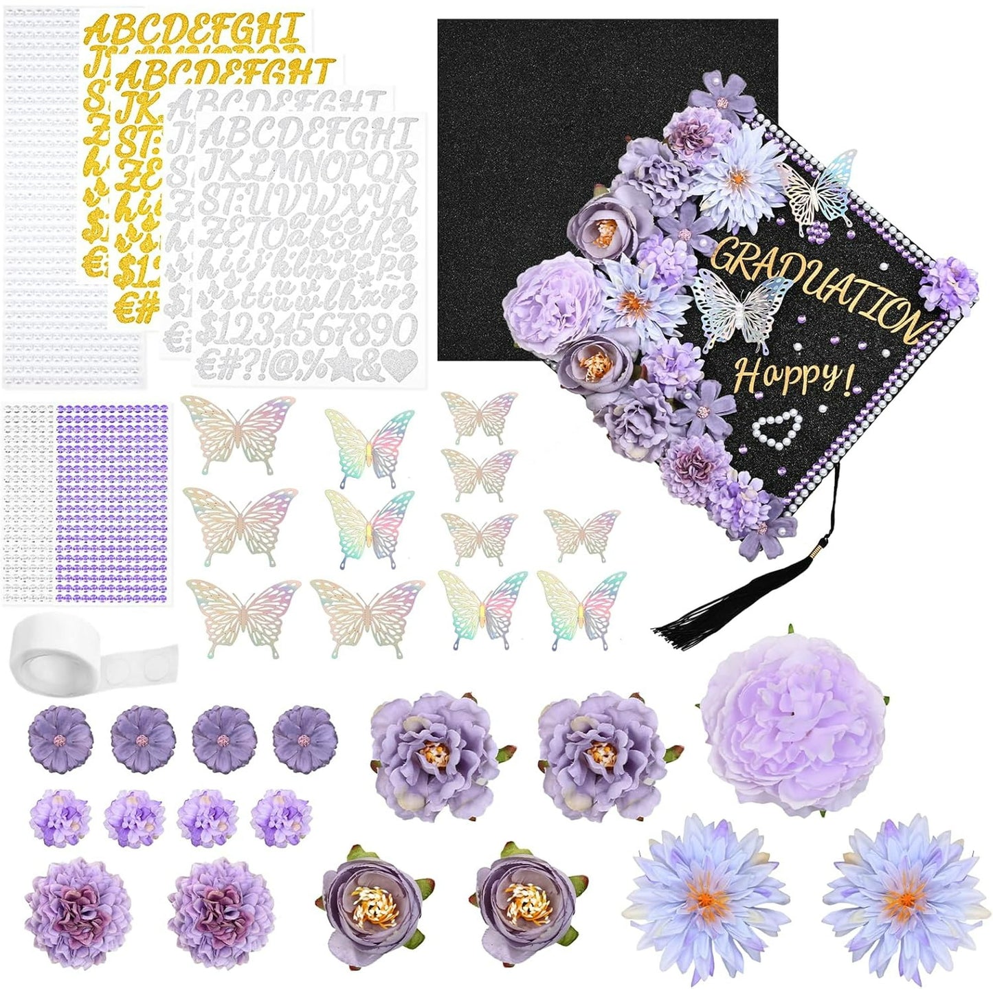 Waipfaru Blue Graduation Cap Decorations,DIY Grad Cap Kit Included Artificial Flower Heads 3D Butterfly Decoration Rhinestones Letter Stickers Glitter Paper for 2025 Graduation Cap Topper