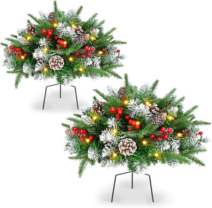 Waipfaru Set of 2 Lighted Artificial Christmas Urn Filler,21inch Pre-lit Xmas Pine Trees with Cones,Red Berries,Tripod Stake and 50 LED Lights,Outdoor Holiday Home Decor