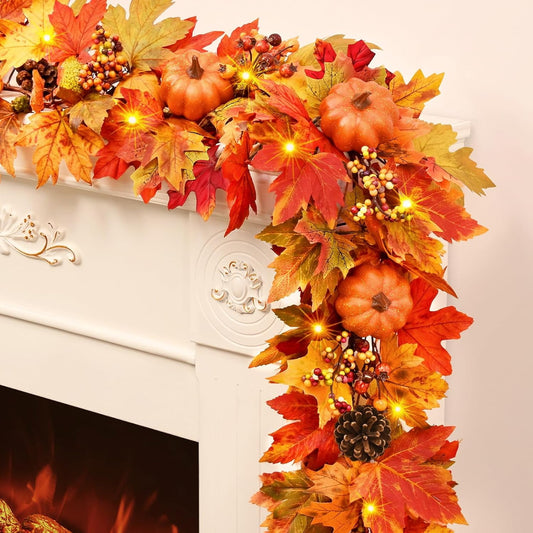 Waipfaru 6ft Fall Garland for Mantle, Lighted Fall Leaves Garland with Pumpkins Maple Leaves Pine Cones for Home Thanksgiving Fall Decoration
