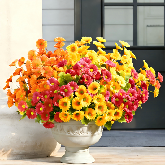 Yastouay 6 Bundles Artificial Mums Flowers for Outdoors, UV Resistant Fake Flowers for Planter, Mix Yellow Outdoor Faux Plants for Garden Balcony Yard Porch