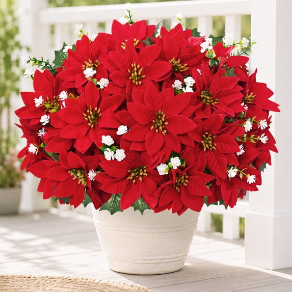 Yastouay 14Pcs Artificial Flowers Christmas Poinsettia and Camellia UV Resistant Fake Flowers for Indoor