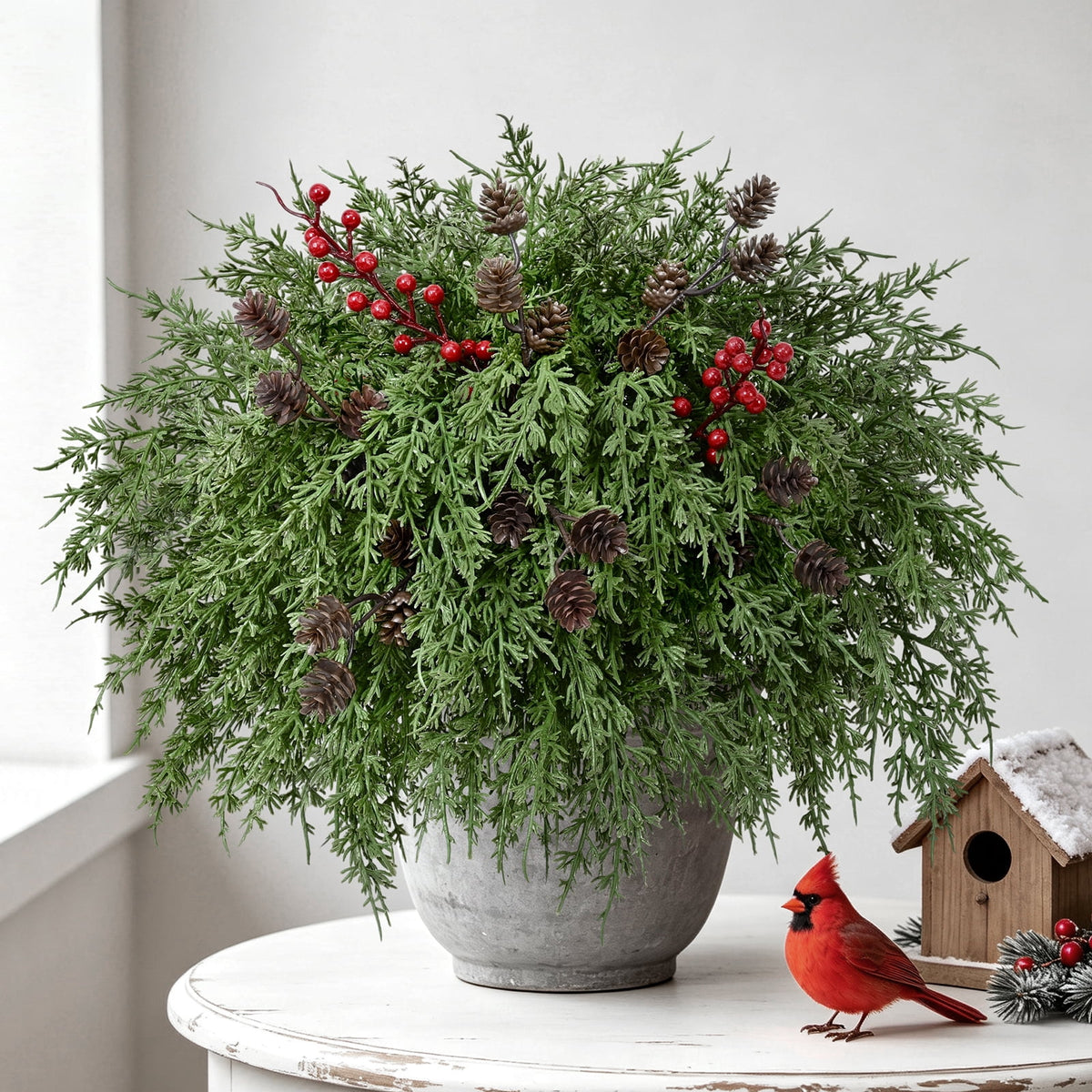 Yastouay 18pcs Artificial Cedar Stems,Christmas Fake Pine Branches with Pine Cones and Red Berries for Vases DIY Garland Xmas Decor