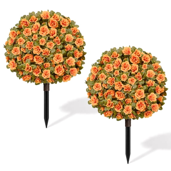 Yastouay 2 Pack Artificial Flowers Topiary with Ground Spikes Fake Bushes UV Resistant Faux Shrubs for Outdoor Garden Decor(Purple)