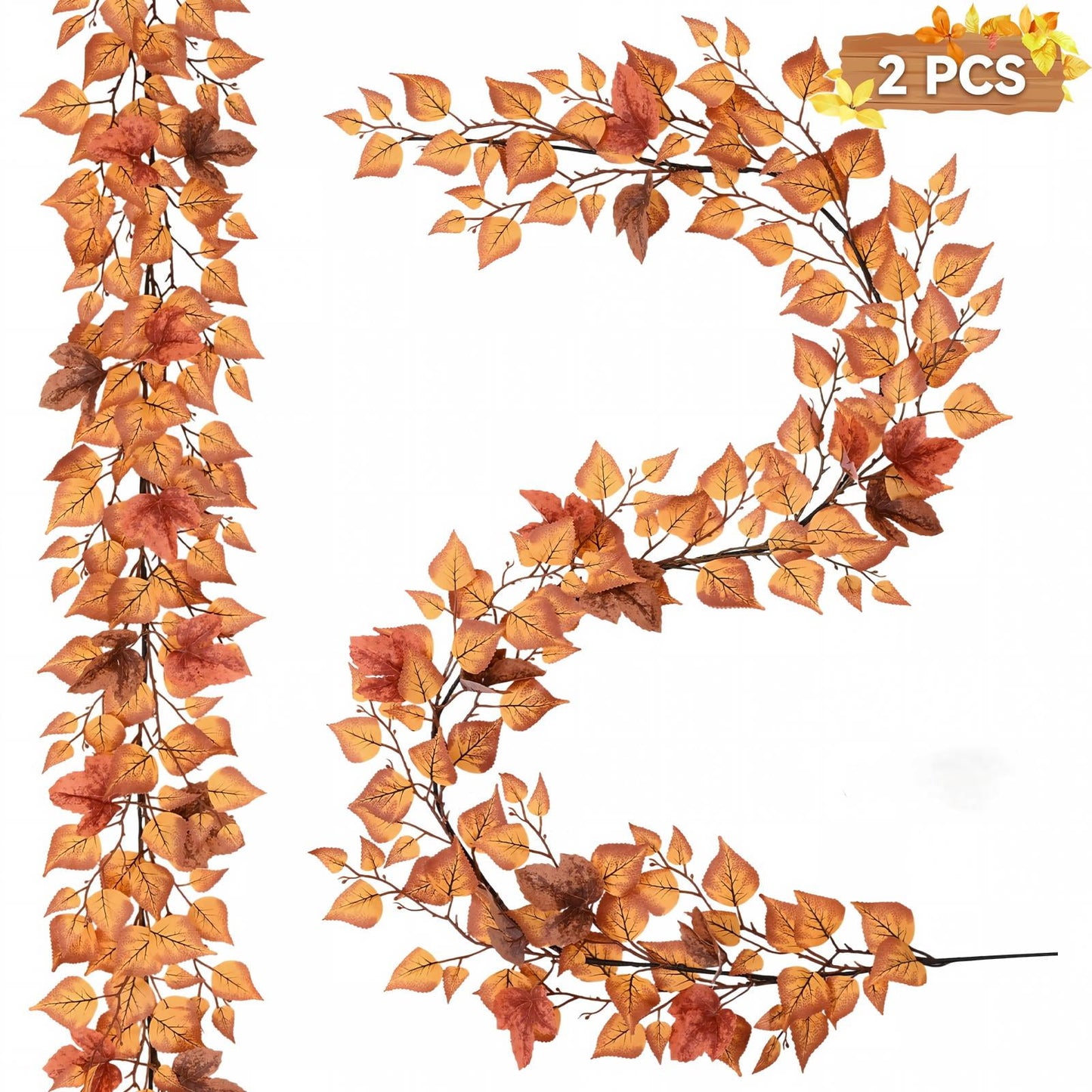 Yastouay 2 Pack 6 FT Fall Garland with Eucalyptus Maple Leaf, Brown Artificial Fall Decor Garland for Home Fireplace Indoor Outdoor