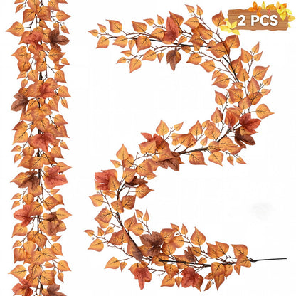 Yastouay 2 Pack 6 FT Fall Garland with Eucalyptus Maple Leaf, Brown Artificial Fall Decor Garland for Home Fireplace Indoor Outdoor