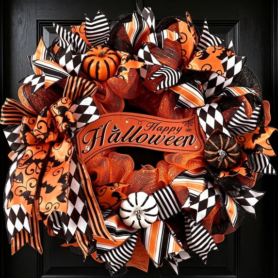Yastouay 20 in Halloween Wreath for Front Door Fall Wreath with Pumpkins Happy Halloween Wooden Decorations for Party