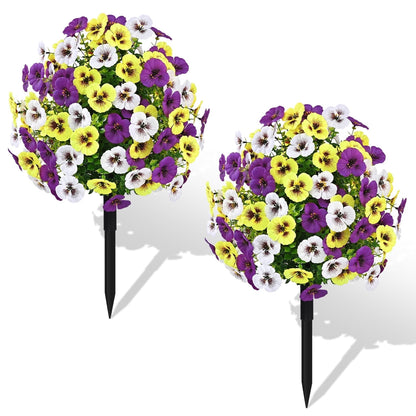 Yastouay 22" Set of 2 Artificial Pansies Flower Topiary, UV Resistant Fake Flower with Ground Spikes for Outdoor Garden Porch Decor