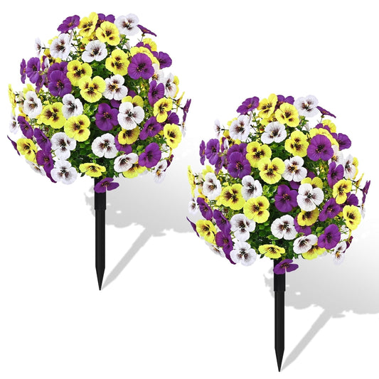 Yastouay 22" Set of 2 Artificial Pansies Flower Topiary, UV Resistant Fake Flower with Ground Spikes for Outdoor Garden Porch Decor