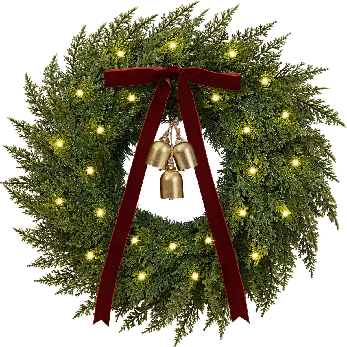 Yastouay 24" Christmas Wreath with Lights Bells, Artificial Heart Shape Norfolk Pine Wreath with Red Berries for Wall Porch Home Xmas Decor