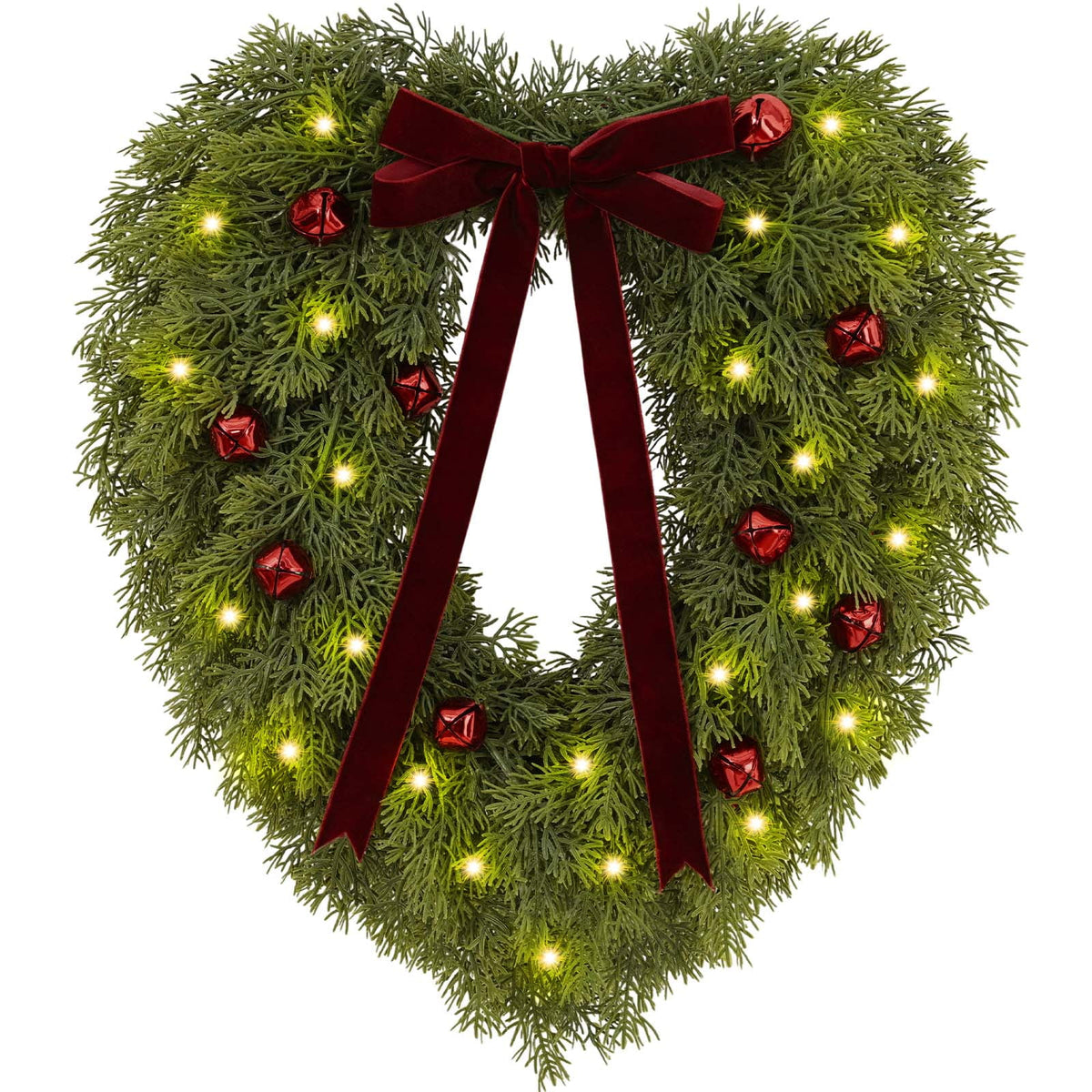 Yastouay 24" Christmas Wreath with Lights Bells, Artificial Heart Shape Norfolk Pine Wreath with Red Berries for Wall Porch Home Xmas Decor