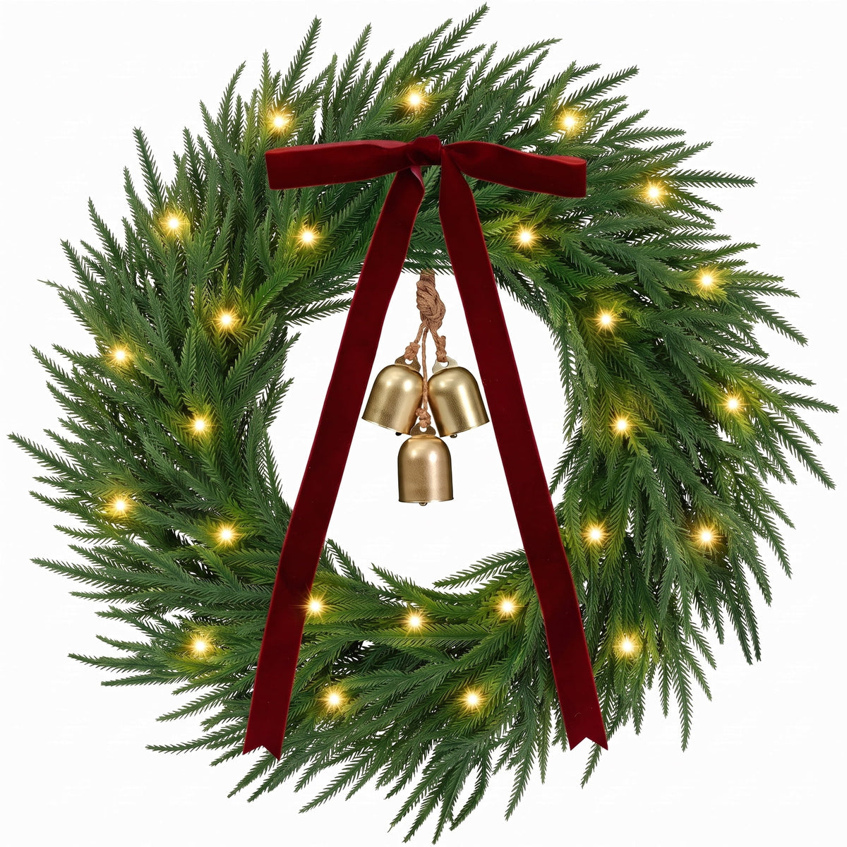 Yastouay 24" Christmas Wreath with Lights Bells, Artificial Heart Shape Norfolk Pine Wreath with Red Berries for Wall Porch Home Xmas Decor