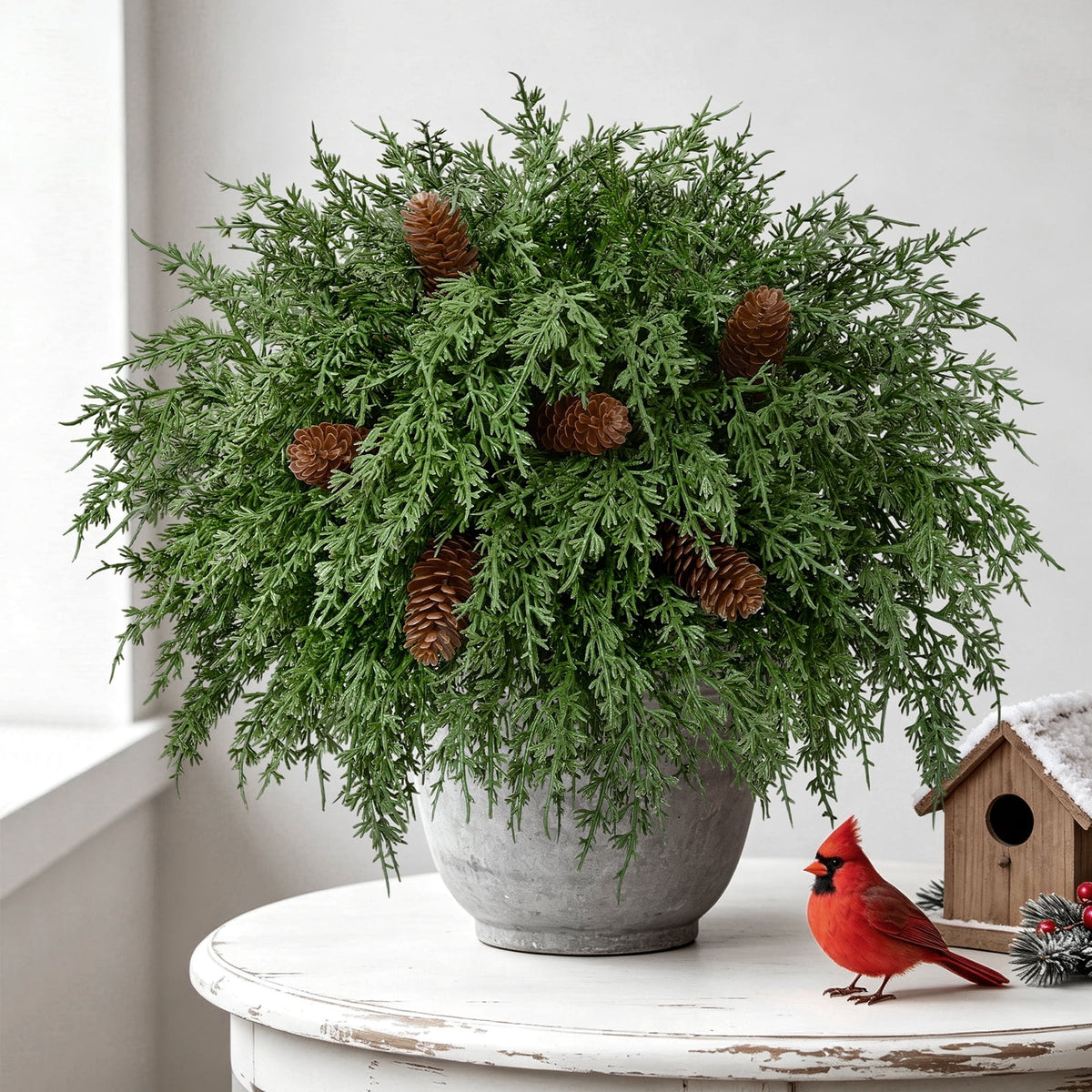 Yastouay 18pcs Artificial Cedar Stems,Christmas Fake Pine Branches with Pine Cones and Red Berries for Vases DIY Garland Xmas Decor