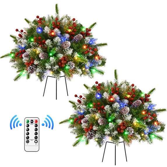 Yastouay 2Pcs 14" Pre‑Lit Artificial Christmas trees with Light fake plants with spikes Pine Cones Red Berries for Yard Porch Driveway Holiday Decor