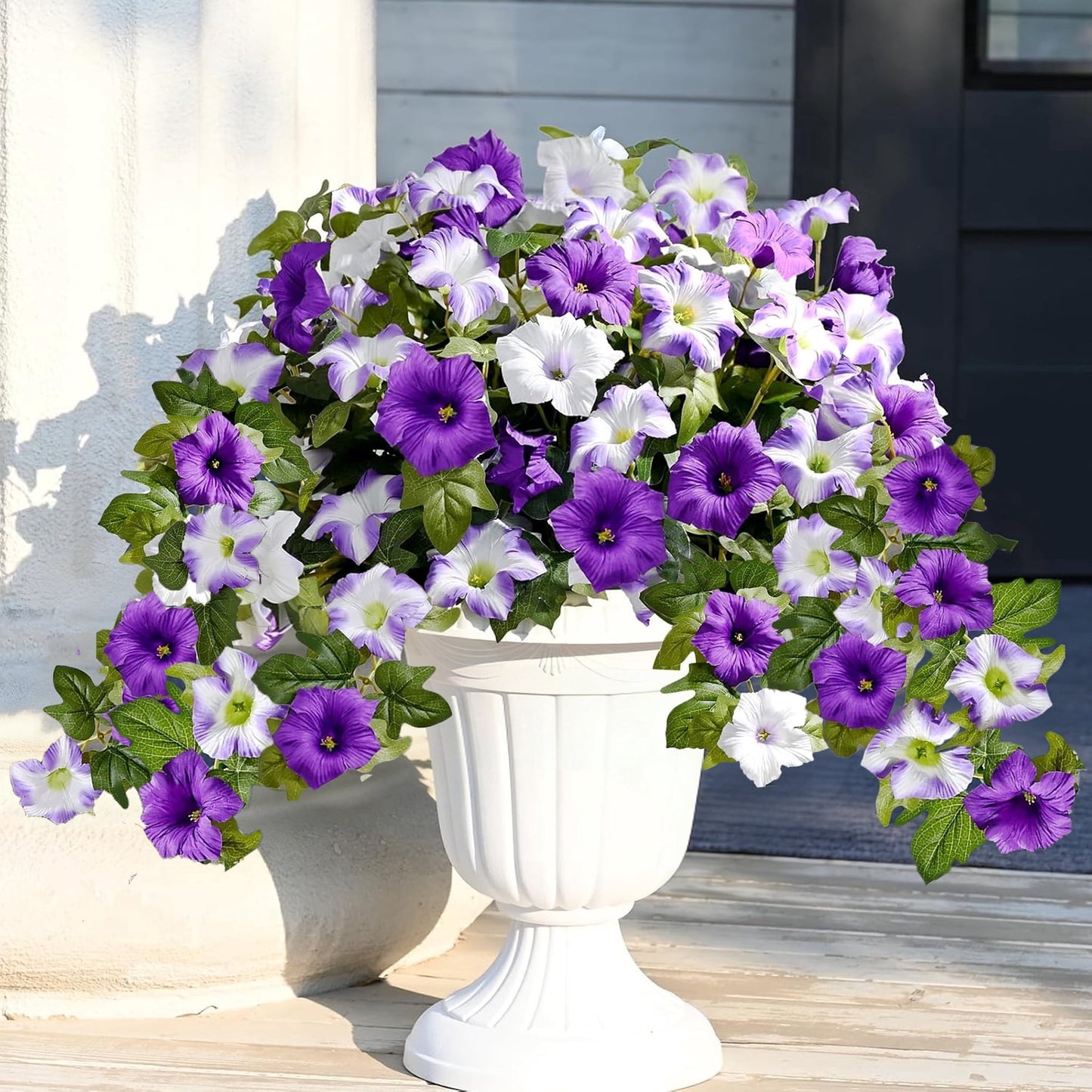 Yastouay 2pcs Artificial Petunias Flowers for Outdoors, UV Resistant Fake Flowers for Planter, Purple White Outdoor Faux Plants for Garden Balcony Yard Porch