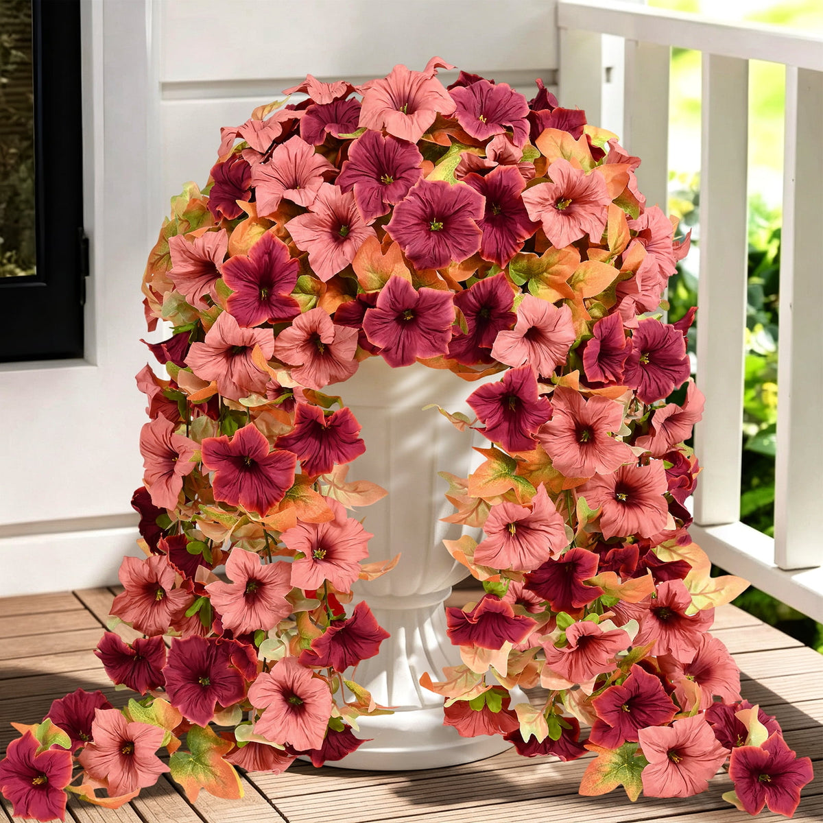 Yastouay 2pcs Artificial Fall Flowers for Outdoors, UV Resistant Orange White Hanging Petunias Fake Flowers for Home Yard