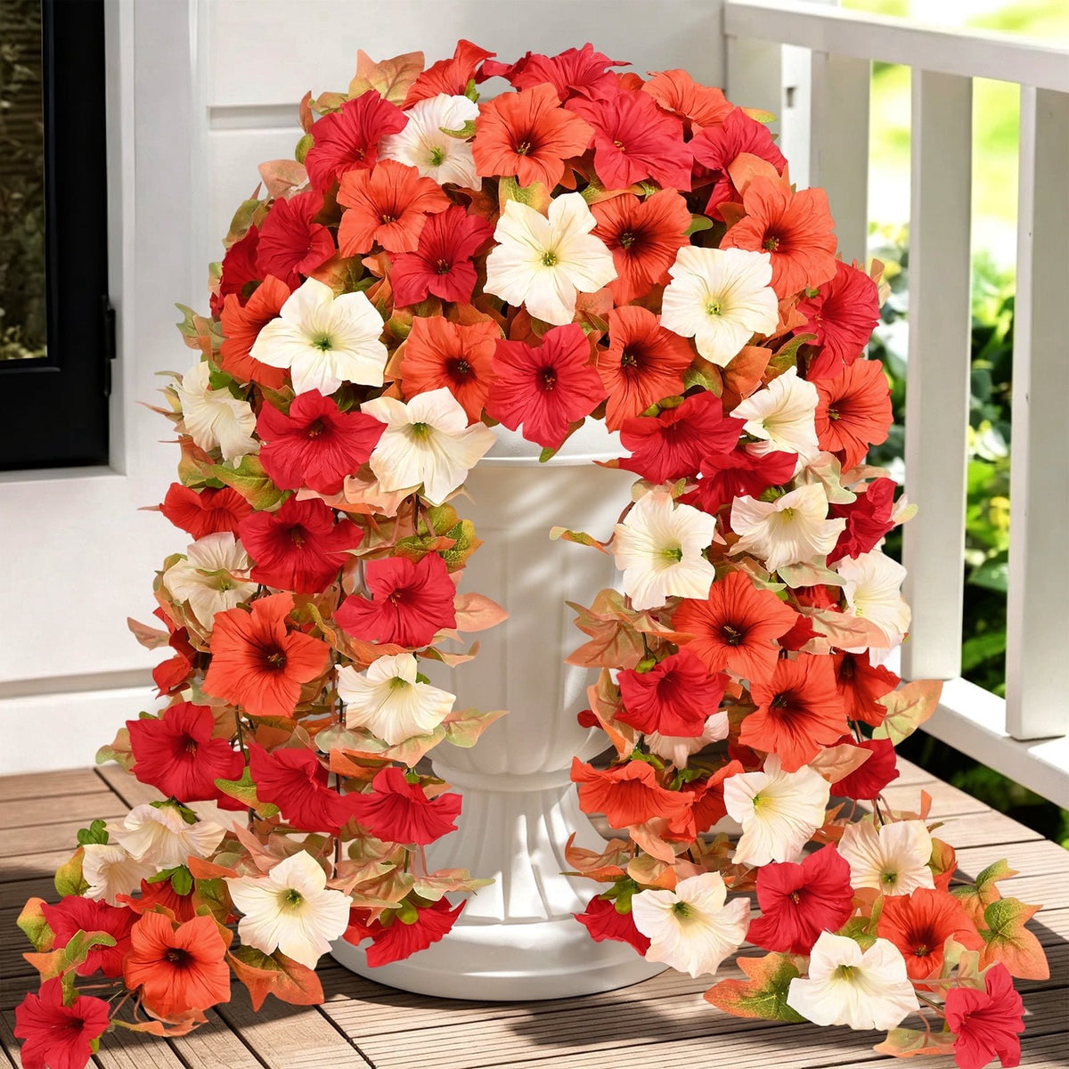 Yastouay 2pcs Artificial Fall Flowers for Outdoors, UV Resistant Orange White Hanging Petunias Fake Flowers for Home Yard