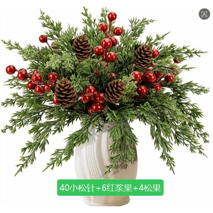 Yastouay 50Pcs Christmas Artificial Pine Stems Indoor with Red Berry&Pinecone Norfolk Pine Cypress Leaves Stems Home Decor