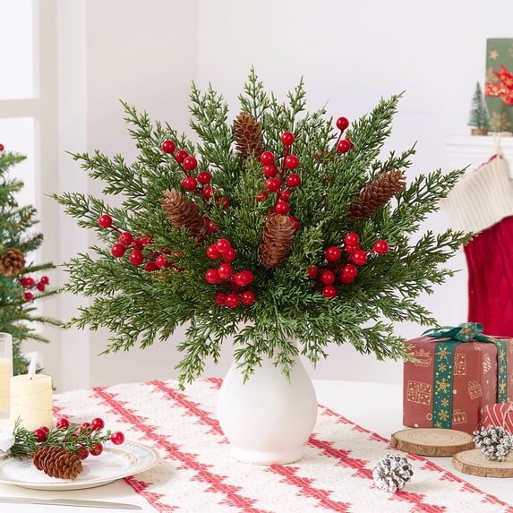 Yastouay 50Pcs Christmas Artificial Pine Stems Indoor with Red Berry&Pinecone Norfolk Pine Cypress Leaves Stems Home Decor