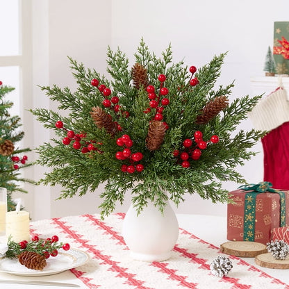 Yastouay 50Pcs Christmas Artificial Pine Stems Indoor with Red Berry&Pinecone Norfolk Pine Cypress Leaves Stems Home Decor