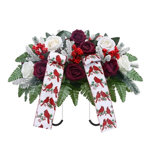 Yastouay Christmas Artificial Cemetery Flowers for Grave Silks Rose with Cemetery Saddle for Headstone