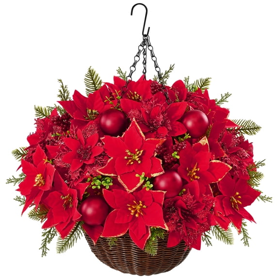 Yastouay Christmas Hanging Flowers with Basket Fake Hanging Plants for Winter Outdoor Indoor Yard Decor,1 Pcs