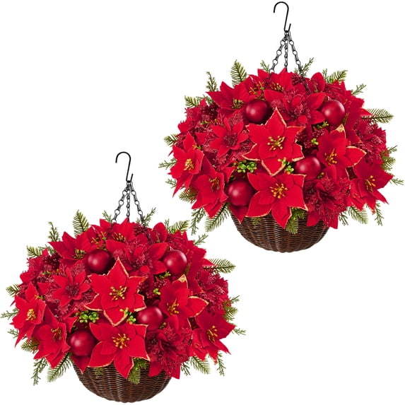 Yastouay Christmas Hanging Flowers with Basket Fake Hanging Plants for Winter Outdoor Indoor Yard Decor,1 Pcs