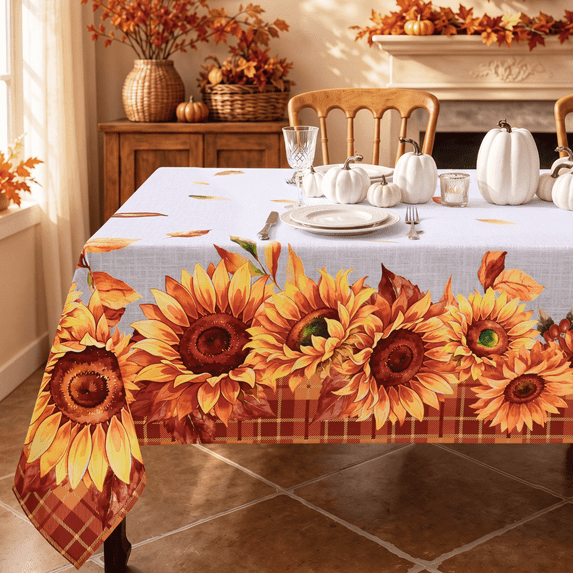 Yastouay Fall Tablecloth,Sunflower Rectangle Tablecloth ,Brown Plaid Table Cover Autumn Thanksgiving Harvest Fall Kitchen Home Decor(60"×84")