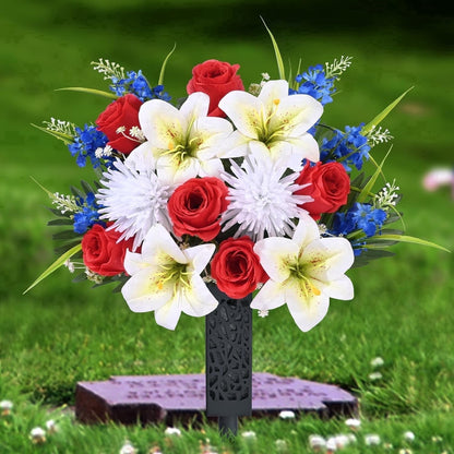 Yastouay Set of 2 Artificial Cemetery Flowers with Vase, Rose Lily Bouquet Memorial Day Flowers with 2 American Flag
