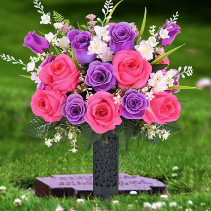 Yastouay Set of 2 Artificial Cemetery Flowers with Vase, Purple Pink Rose Bouquet Memorial Day Flowers for Cemetery Grave