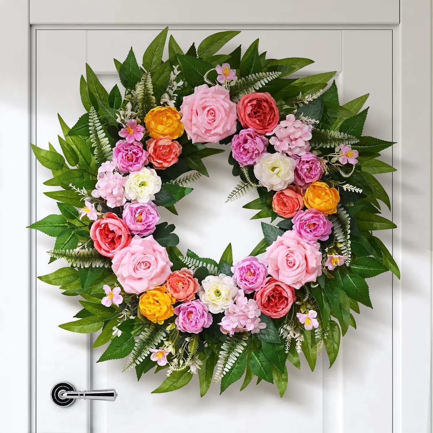 Yastouay 24 Inch Spring Wreath for Front Door, Summer Wreath With Artificial Hydrangeas and Peony for Farmhouse Decor