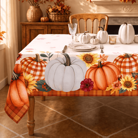 Yastouay Fall Tablecloth,Sunflower Rectangle Tablecloth ,Brown Plaid Table Cover Autumn Thanksgiving Harvest Fall Kitchen Home Decor(60"×84")