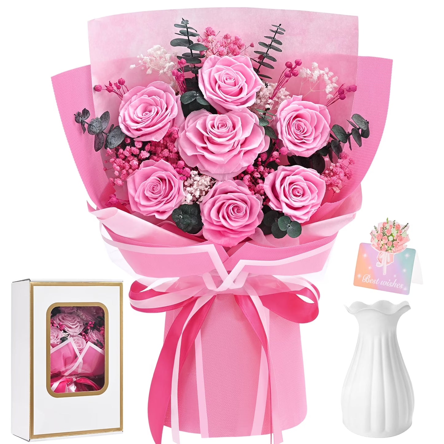 Yastouay 7 Pcs Preserved Roses Bouquet Valentines Day Gifts for Her, Eternal Flowers,Long-Lasting Flower Bouquet for Wedding Birthday Decoration