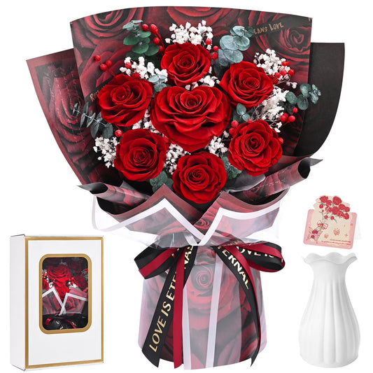 Yastouay 7 Pcs Preserved Roses Bouquet Gifts for Mom, Red Eternal Flowers for Mother's Day Gift, Real Long-Lasting Flower for Women